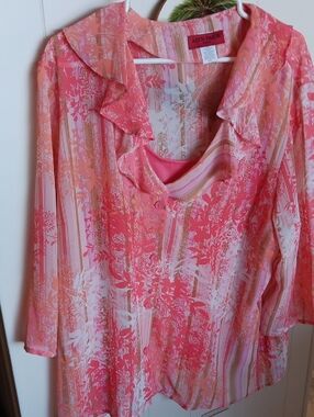 Alyn Paige Pink & Coral Floral Stripe Ruffle Blouse 18-20